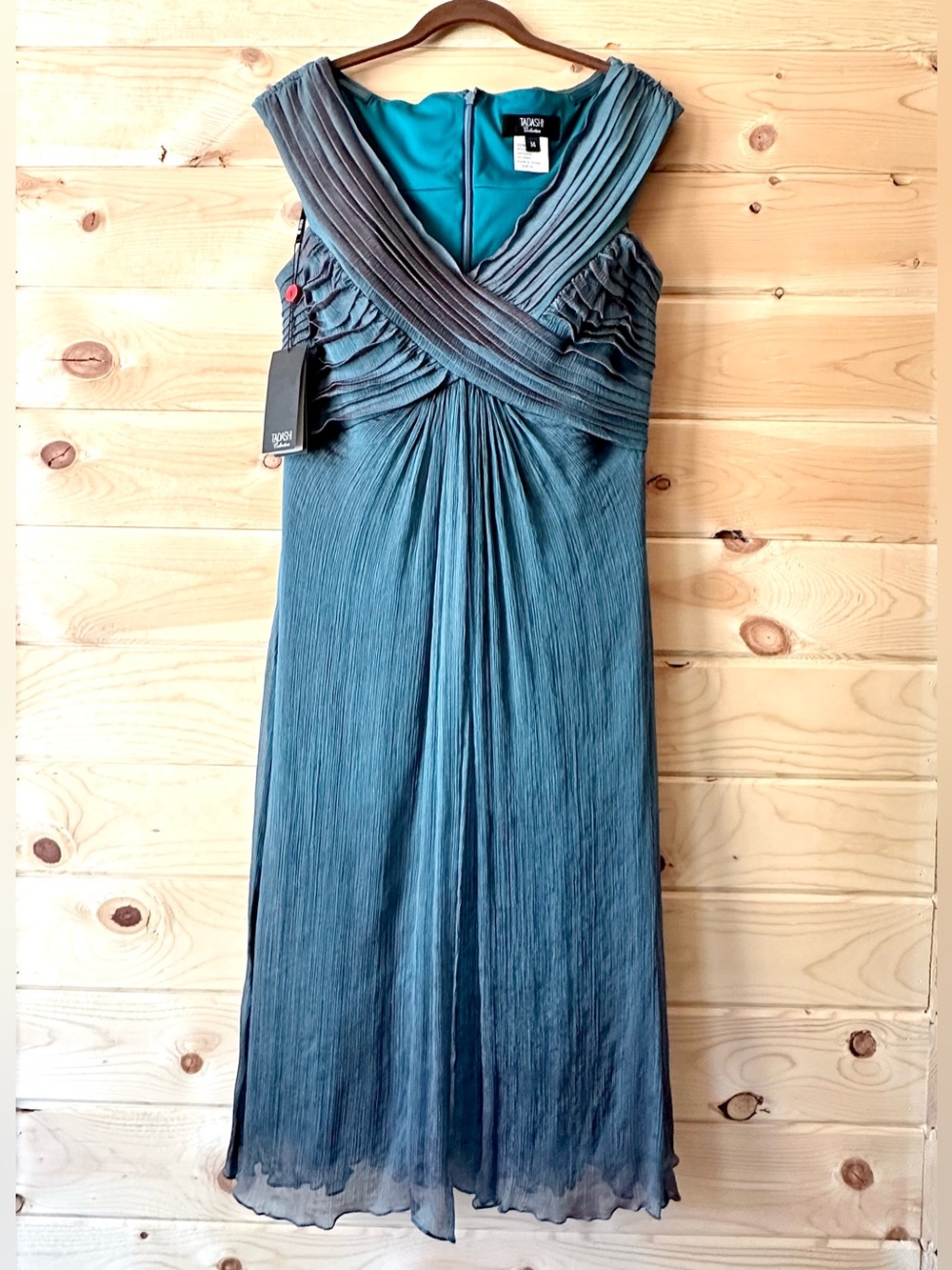 NWT Tadashi Shoji 100% Silk Iridescent Teal Pleated Crinkle Chiffon Dress 14 - Picture 2 of 15